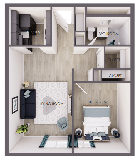 Floor plan for 1 bed, 1 bath, 558 sqft